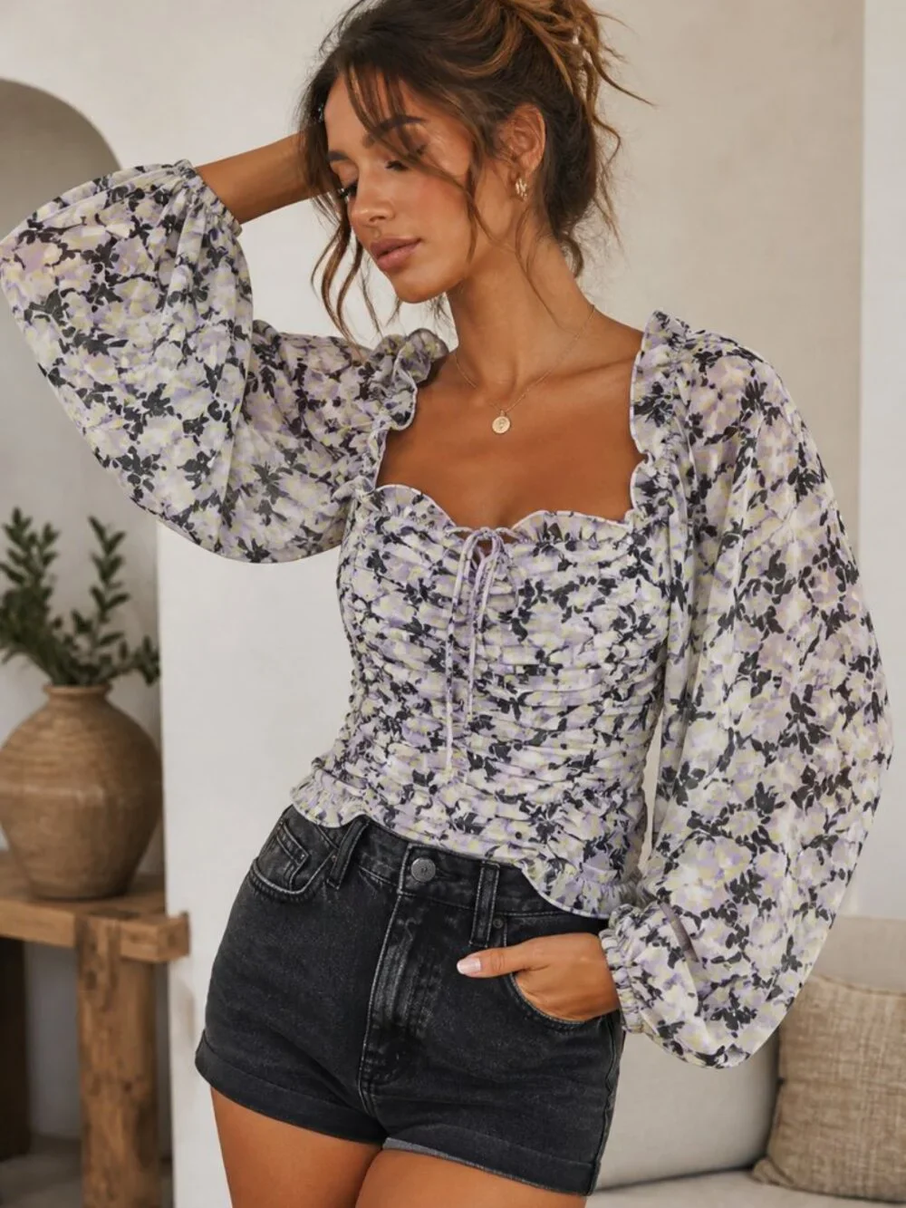 Free People Floral Ruched Blouse Top Puff Sleeve Tie Front Cottagecore Boho M - Picture 3 of 16